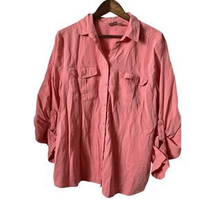 Chico's Size 3 Women Blouse Top Shirt Salmon Pink Button‎ Down Beachy Soft 3/4